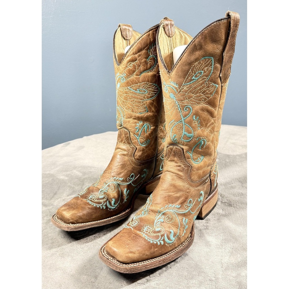 Circle G Brown Leather Cowboy Boots with Turquoise Embroidery